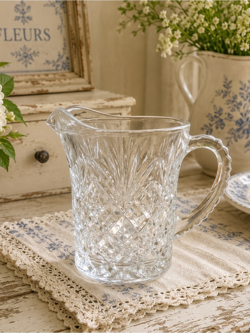 Vintage 60’s Anchor Hocking Clear Prescut Glass Creamer Pitcher 5”x5”